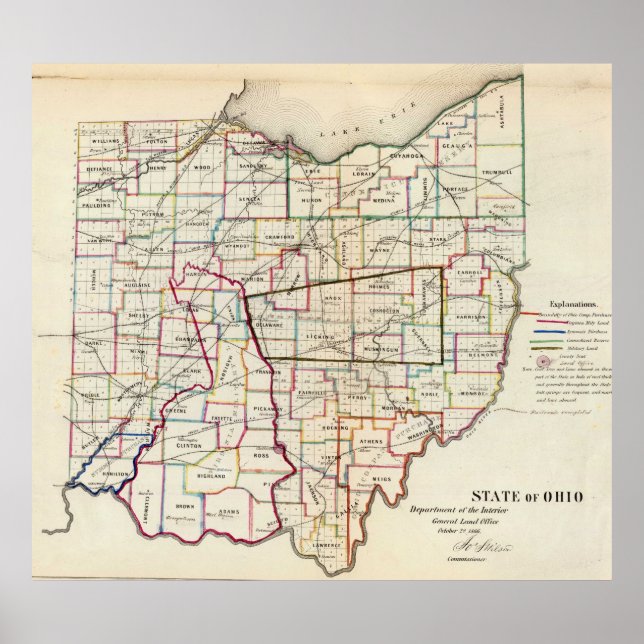 Pôster Mapa de Vintage em Ohio (1866) (Frente)
