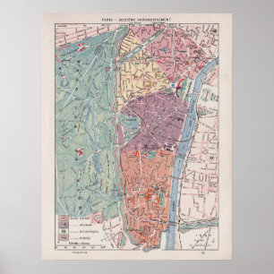 Poster Mapa de Vintage em Paris, 1900 - 16º Arrondisseme