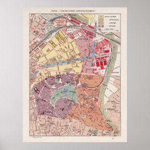 Poster Mapa de Vintage em Paris, 1900 - 19º Arrondisseme