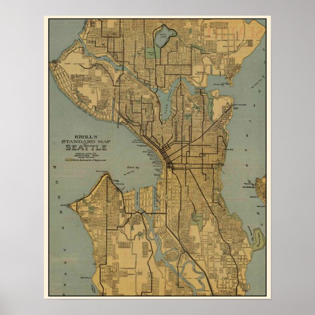 Pôster Mapa de Vintage em Seattle Washington (Frente)