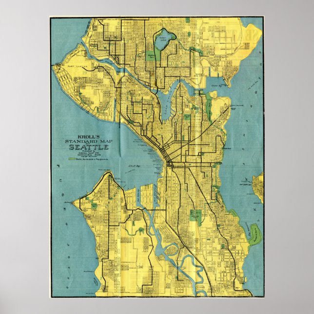 Pôster Mapa de Vintage em Seattle Washington (1914) (Frente)