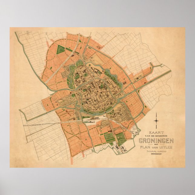 Poster Mapa de Vintage Groningen Países Baixos (1903) (Frente)