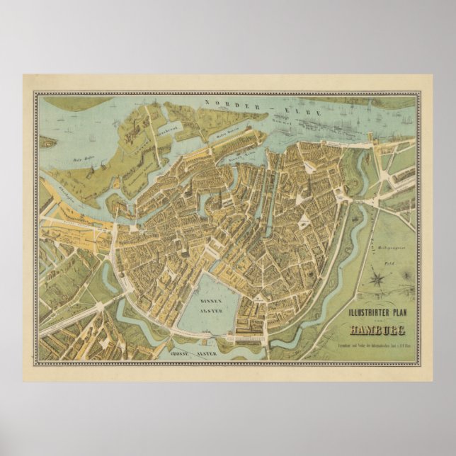 Poster Mapa de Vintage Hamburg Alemanha (1854) (Frente)
