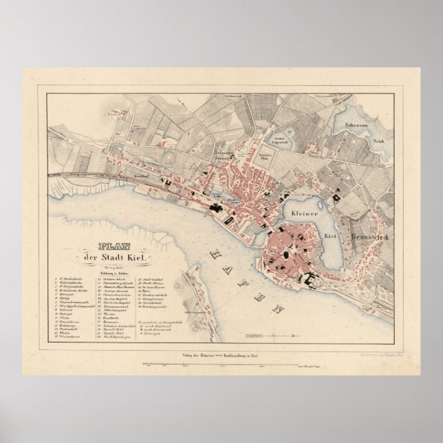 Poster Mapa de Vintage Kiel Alemanha (1858) (Frente)