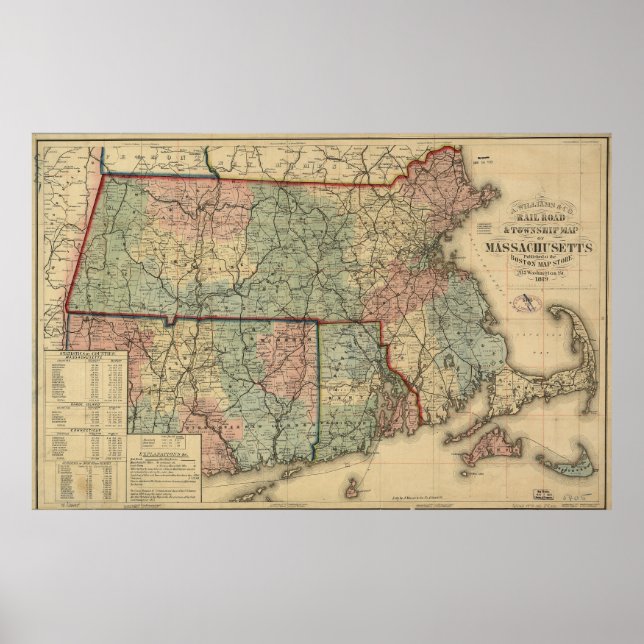 Pôster Mapa de Vintage Massachusetts Railroad (1879) (Frente)