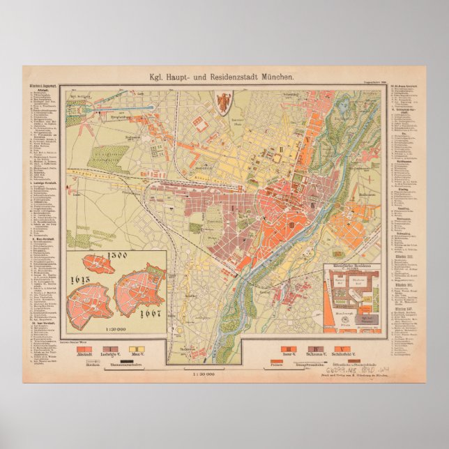 Poster Mapa de Vintage Munique Alemanha (1890) (Frente)
