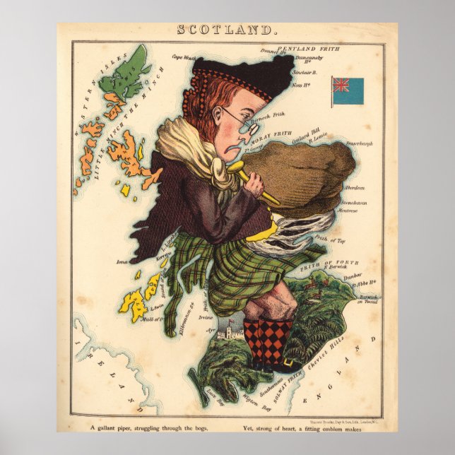 Pôster Mapa de Vintage Scotland Bagpiper (1868) (Frente)