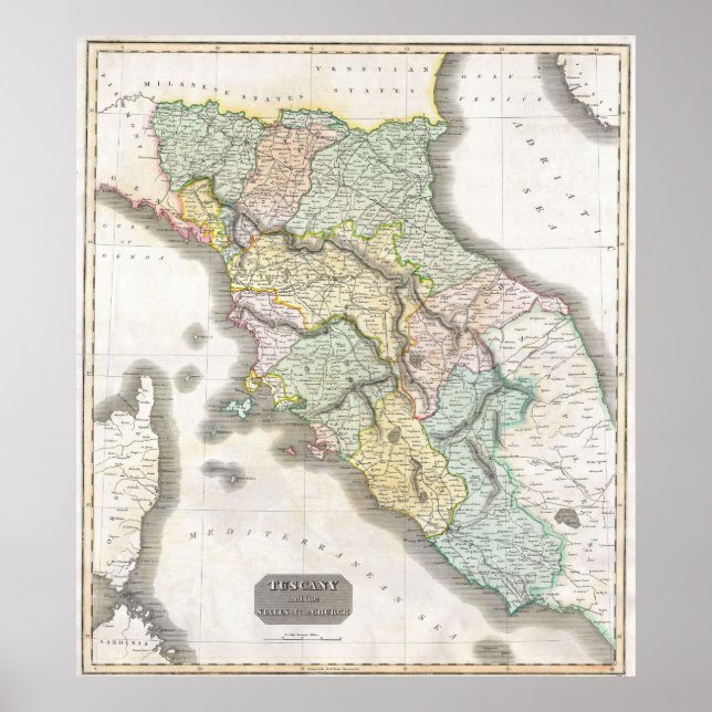 Pôster Mapa de Vintagens da Toscana Itália (1814) (Frente)