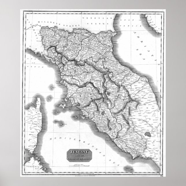 Pôster Mapa de Vintagens da Toscana Itália (1814) BW (Frente)