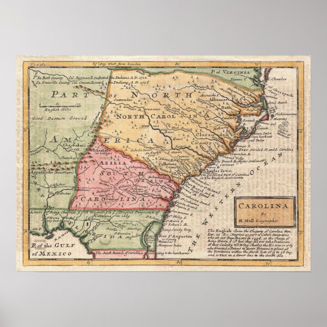 Pôster Mapa de Vintagens das Carolinas (1746) (Frente)