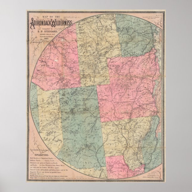 Poster Mapa de Vintagens das Montanhas Adirondack (1883) (Frente)