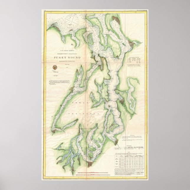Pôster Mapa de Vintagens do Puget Sound (1867) (Frente)