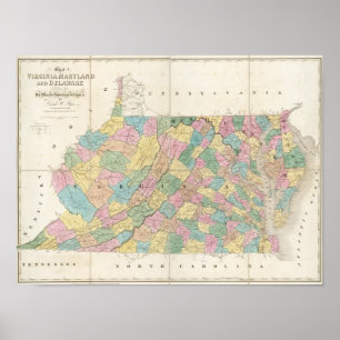 Pôster Mapa de Virgínia, de Maryland e de Delaware