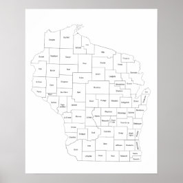 Poster Mapa de Wisconsin de condados do estado com nomes