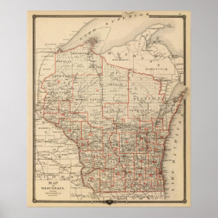 Pôster Mapa de Wisconsin que mostra distritos senatoriais