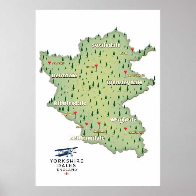 Poster Mapa de Yorkshire Dales Inglaterra (Frente)