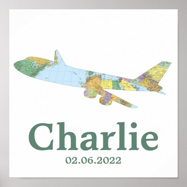 Poster Mapa Decoração de Berçário de Avião Personalizada  (Frente)