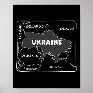 Poster Mapa Desenhado à Mão com Linha Branca da Ucrânia e