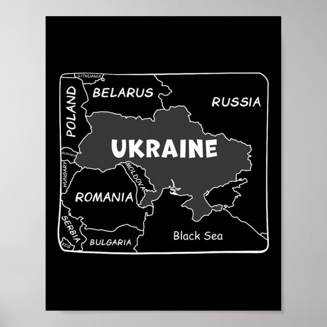 Poster Mapa Desenhado à Mão com Linha Branca da Ucrânia e (Frente)