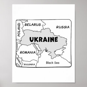Poster Mapa Desenhado à Mão de Linha Preta da Ucrânia e P