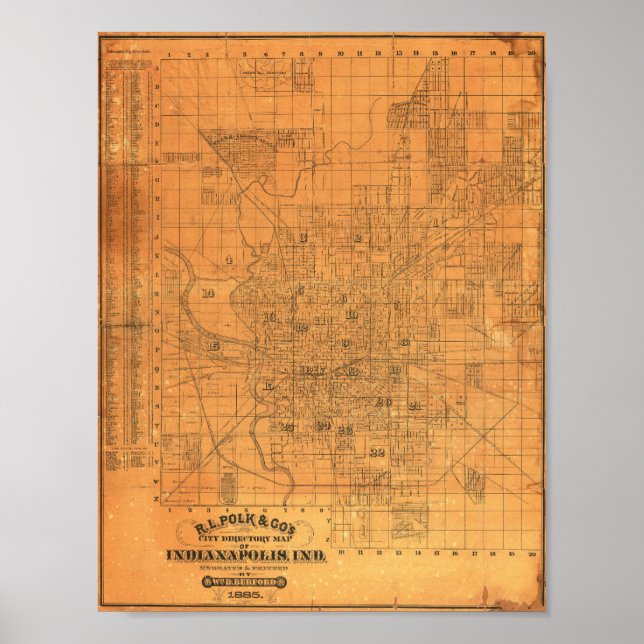 Poster Mapa Detalhado Antigo de Indianapolis 1885 (Frente)