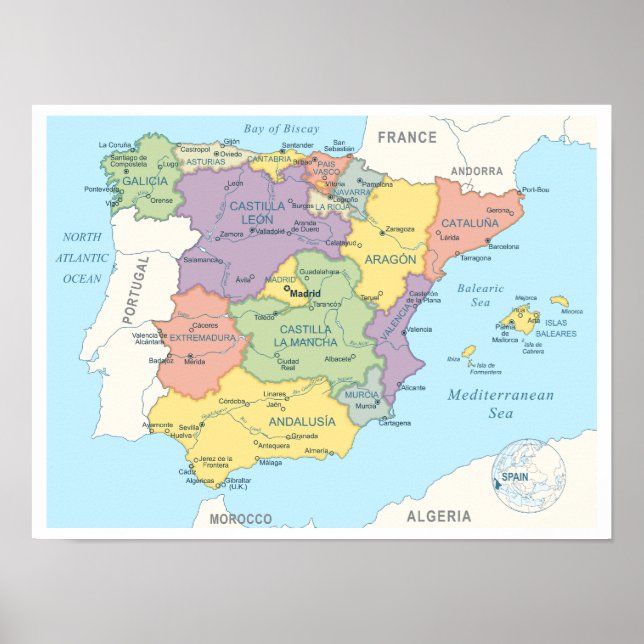 Poster Mapa detalhado da Espanha (Frente)