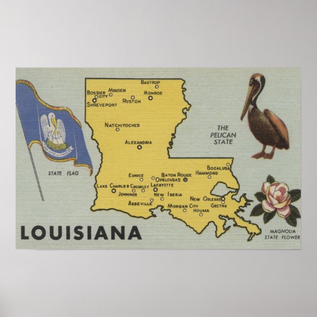 Pôster Mapa Detalhado da Louisiana da Louisiana (Frente)