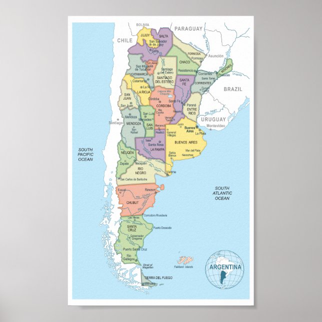 Poster Mapa detalhado das Regiões da Argentina (Frente)