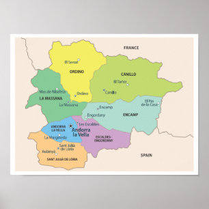 Poster Mapa Detalhado das Regiões de Andorra