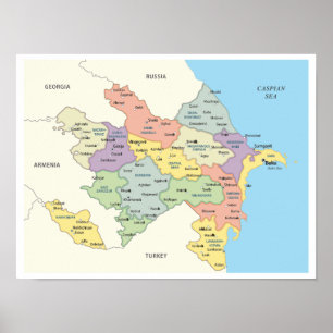 Poster Mapa Detalhado das Regiões do Azerbaijão
