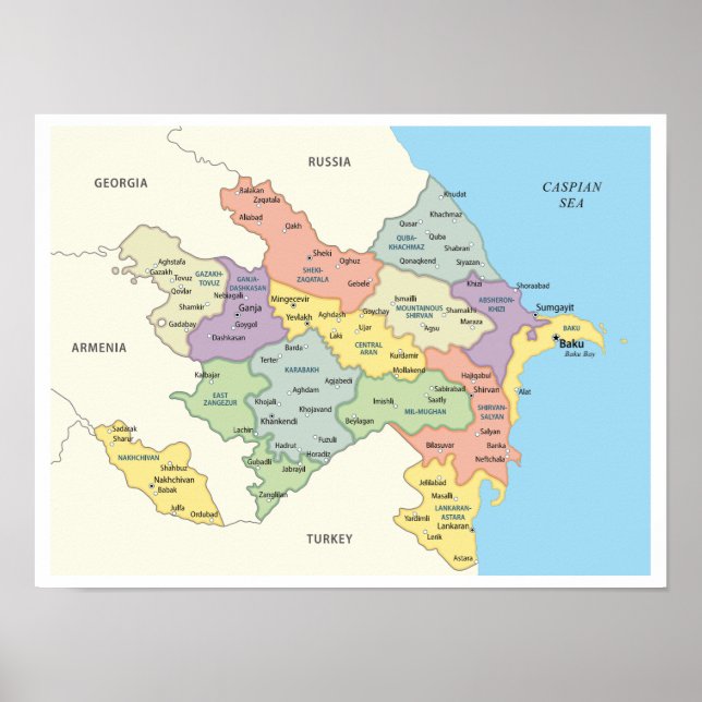 Poster Mapa Detalhado das Regiões do Azerbaijão (Frente)