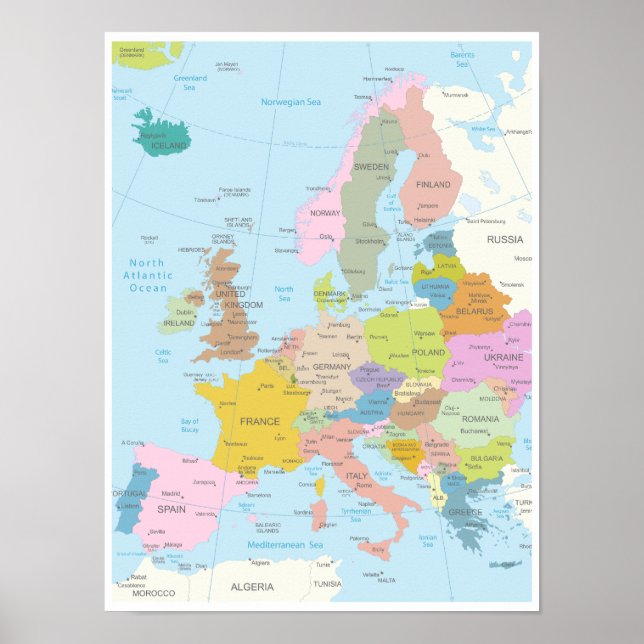 Poster Mapa Detalhado do Continente Europeu (Frente)