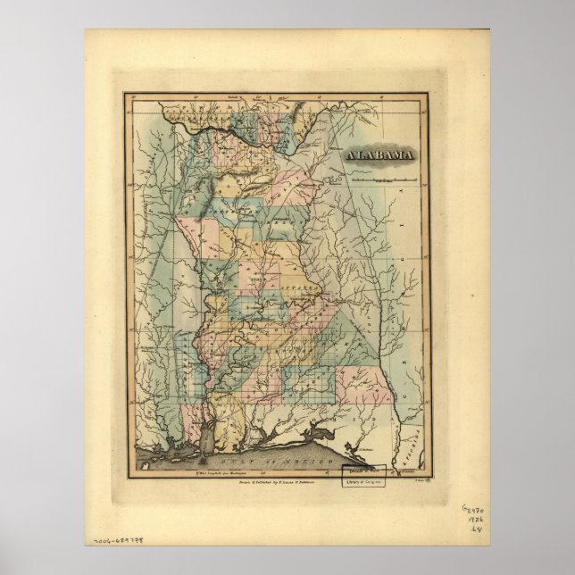 Pôster Mapa do Alabama em 1826 (Frente)