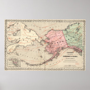 Poster Mapa do Alasca e da Rússia (1869)
