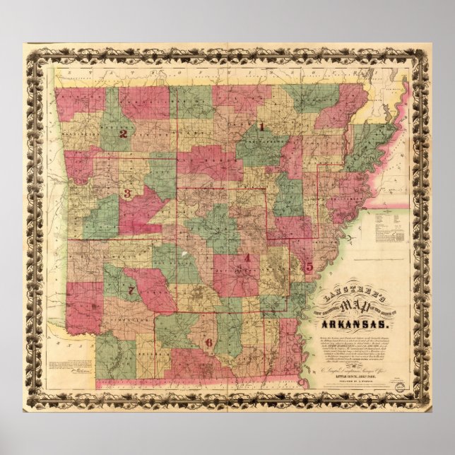 Pôster Mapa do Arkansas em 1866 (Frente)