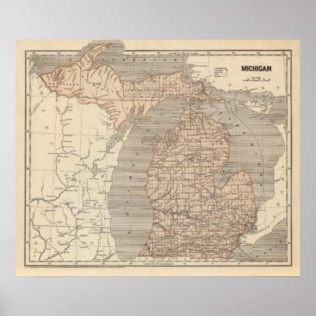 Pôster Mapa do Atlas Michigan (Frente)