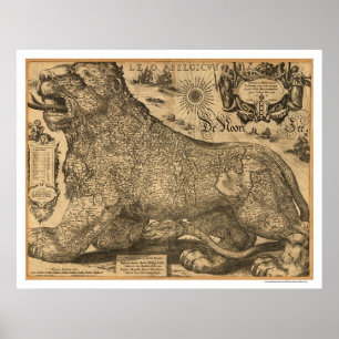 Pôster Mapa do Benelux Leo Belgicus da Europa 1611