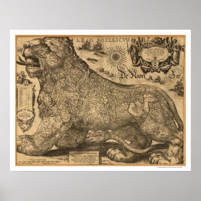 Pôster Mapa do Benelux Leo Belgicus da Europa 1611 (Frente)
