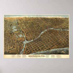 Pôster Mapa do birdseye de Milwaukee - 1872 (Bailey)