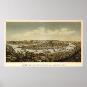 Pôster Mapa do birdseye de Pitsburgh - 1874 (Krebs)