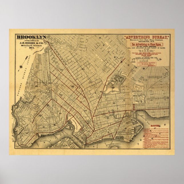 Pôster Mapa do Brooklyn em 1874 (Frente)