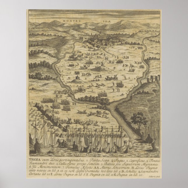 Poster Mapa do Campo de Batalha de Troia Vintage (1716) (Frente)