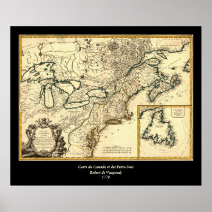 Pôster Mapa do Canadá e dos Estados Unidos em 1778