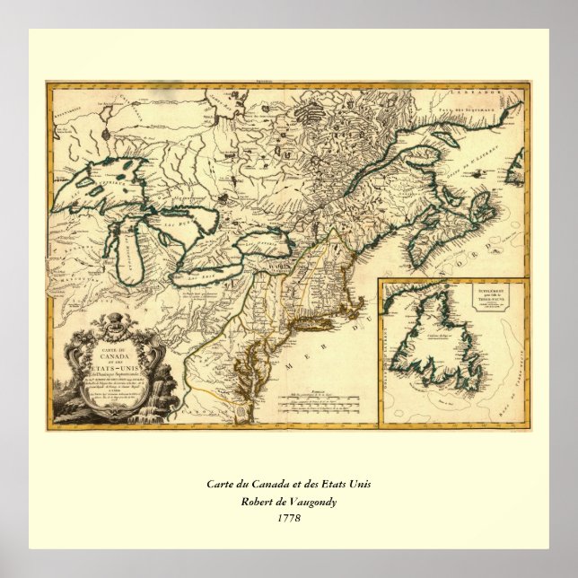 Poster Mapa do Canadá e dos Estados Unidos em 1778 (Frente)