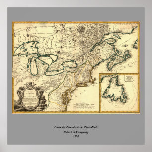 Pôster Mapa do Canadá e dos Estados Unidos em 1778