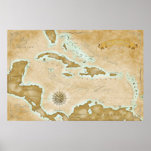 Poster Mapa do Caribe Vintage