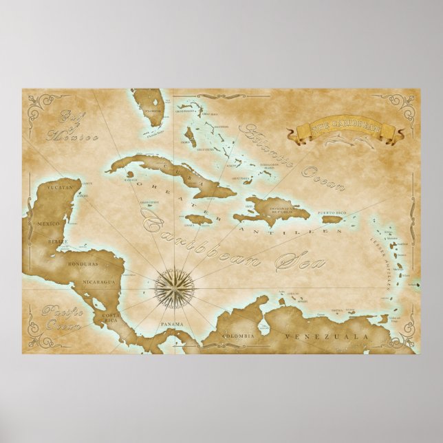 Poster Mapa do Caribe Vintage (Frente)