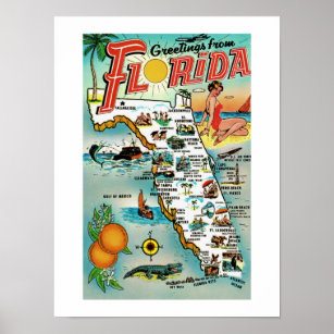 Poster Mapa do Cartão-Postal Retroativo da Flórida