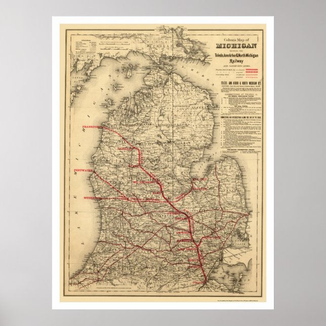 Pôster Mapa do Comboio Ferroviário de Michigan 1886 (Frente)