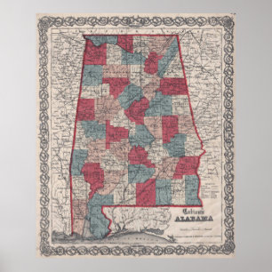 Pôster Mapa do condado de Alabama do vintage (1859)